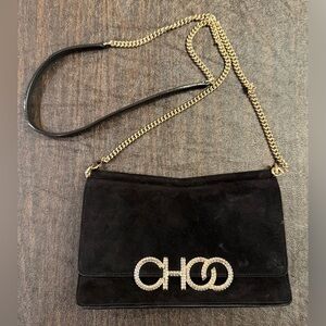 GUC Jimmy Choo Black Suede/Leather Evening Bag, LtGHW, Detachable Shoulder Strap